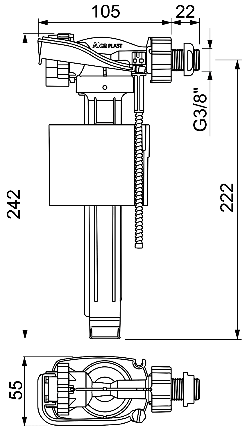 Alcaplast A160P 3/8" Впускной механизм для пластикового бачка с боковым подводом (латунь)