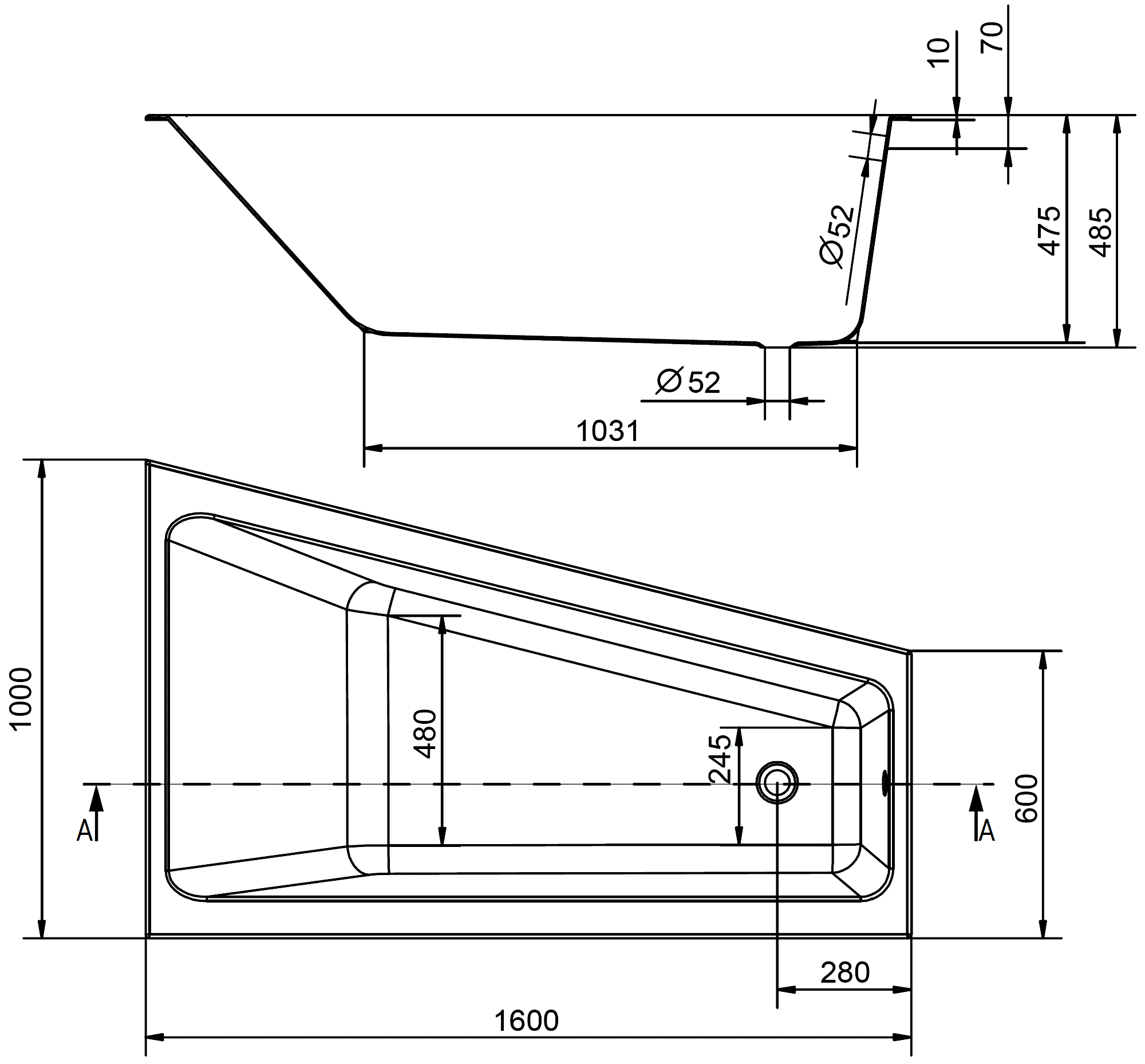 Cersanit Crea WA-CREA*160-R Ванна акриловая асимметричная 1600x100 (правая)