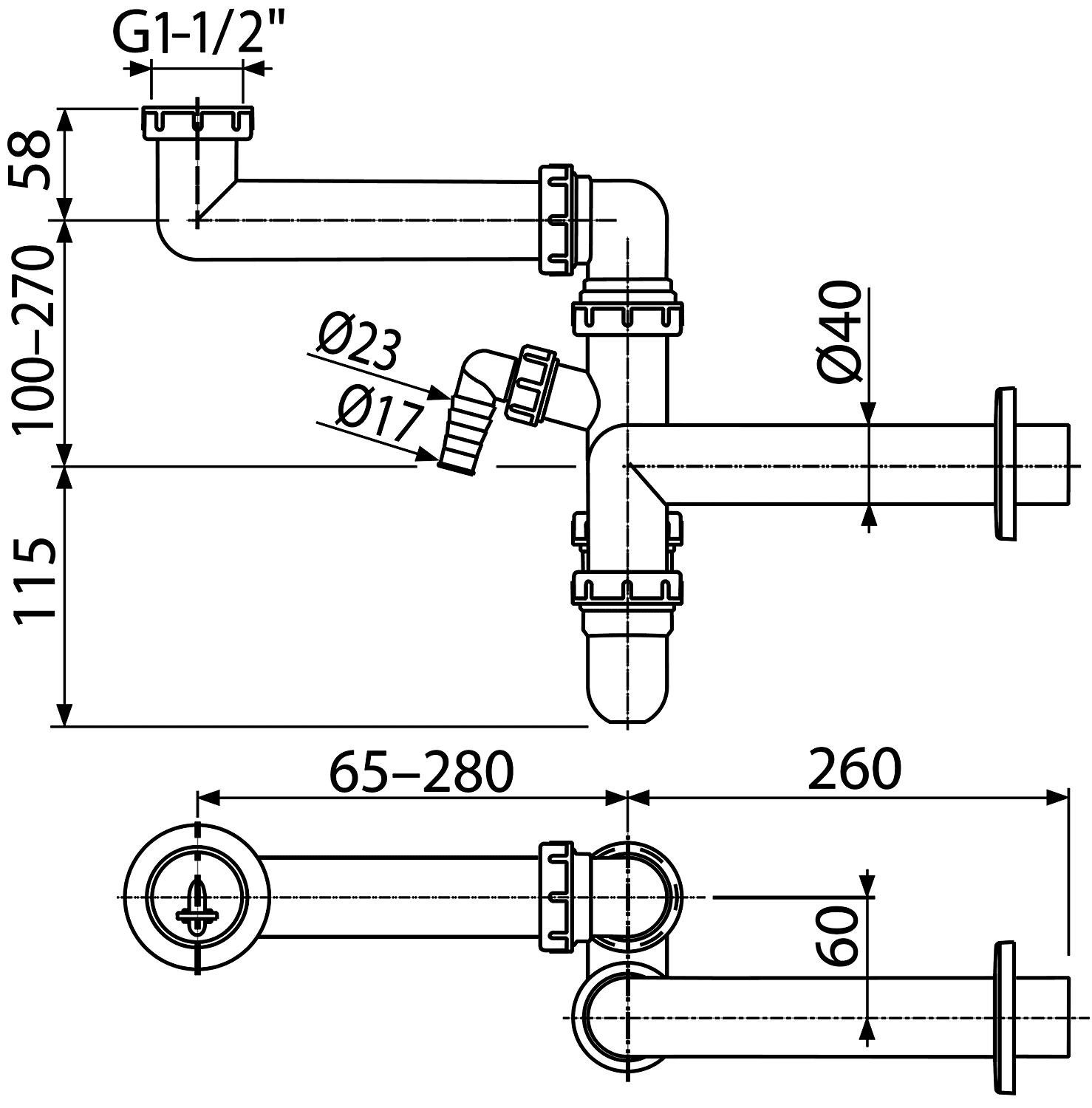 Alcaplast A872P Сифон 1-1/2"x40 для мойки экономящий пространство
