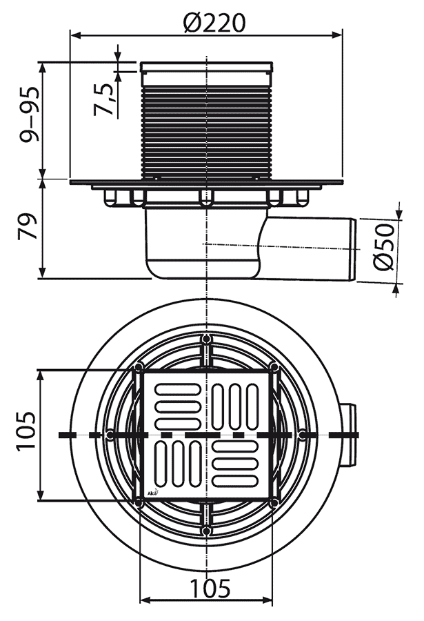 Alcaplast APV101 Трап угловой (решётка 102х102 из нержавеющей стали)