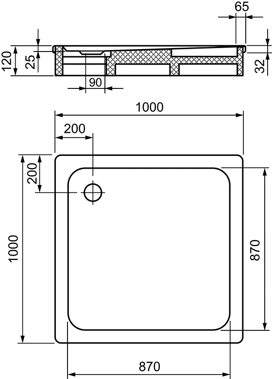 Kaldewei Superplan Mod. 391-2  Душевой поддон 1000x1000x32 стальной с полистироловой опорой