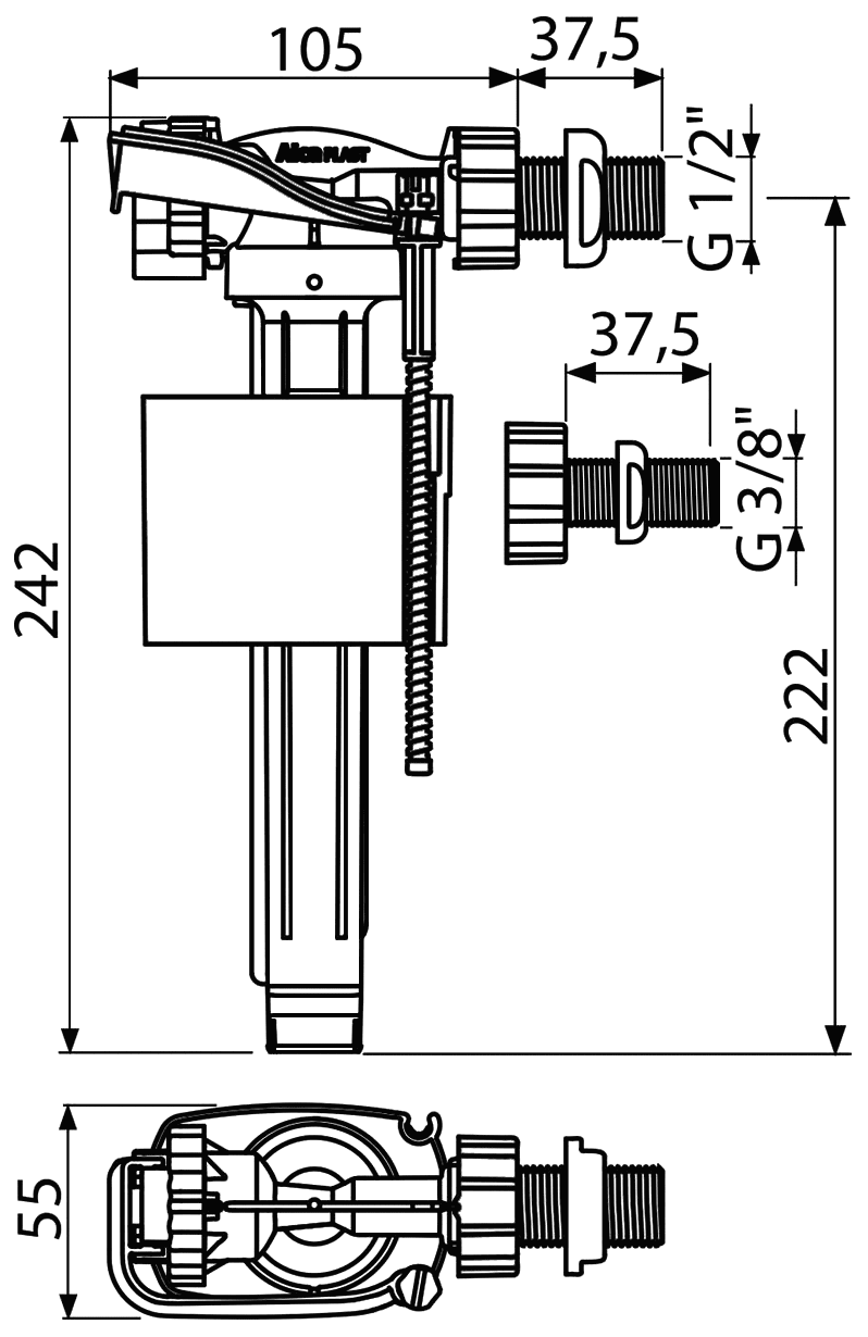 Alcaplast A160UNI Впускной механизм для унитаза 1/2"-3/8" боковой подвод (латунь)