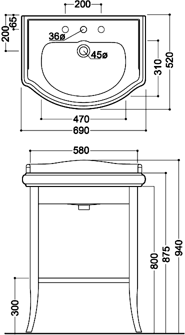 Kerasan Retro 735040/104601  Открытое подстолье 58 см c раковиной 690x520
