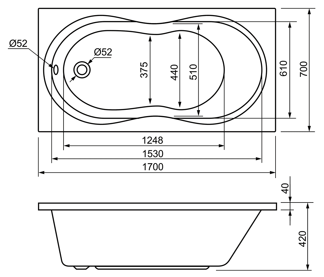 Alpen Mars AVP0016  Ванна акриловая 170x75x42/200