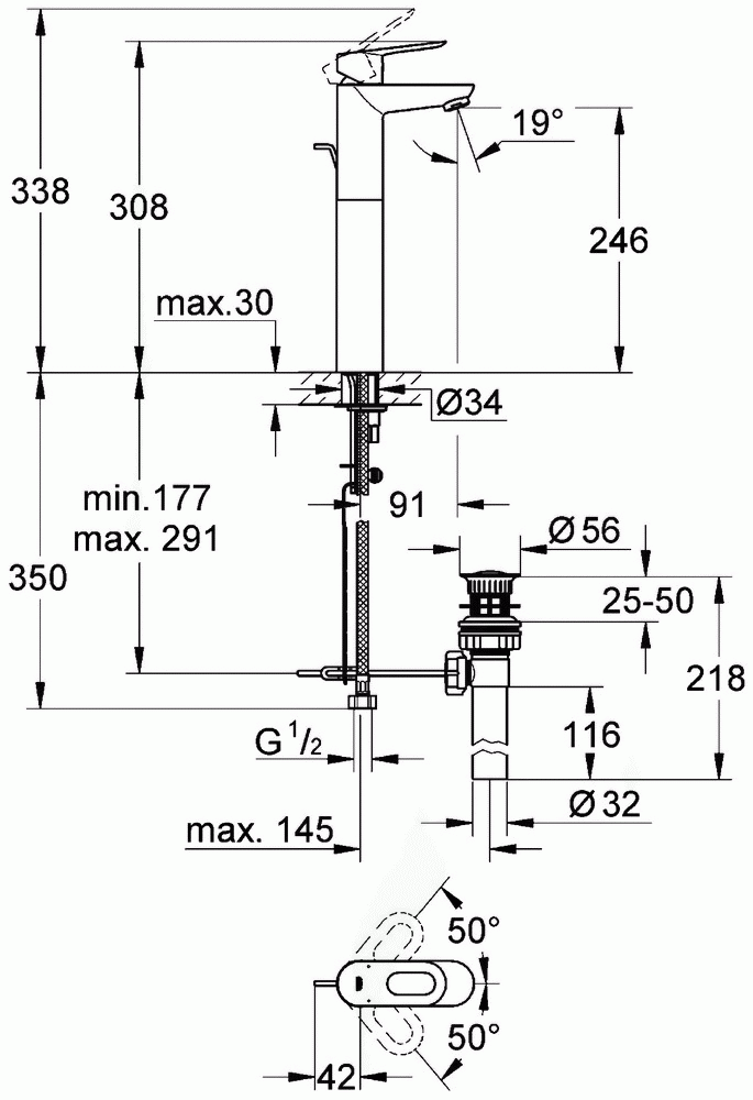 Grohe BauLoop 32856 000 Смеситель для свободностоящей раковины с донным клапаном