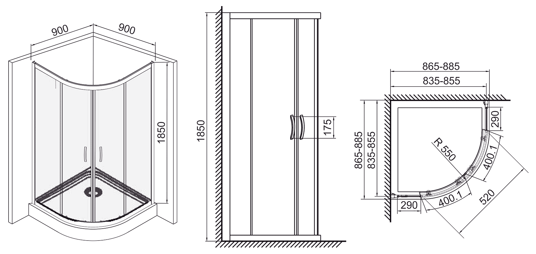 WasserKraft Main 41S01 Душевой уголок 1/4 круга R550 900x900x1850