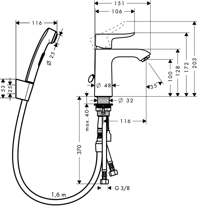 Hansgrohe Metris 31285 000  Смеситель для раковины с гигиеническим душем