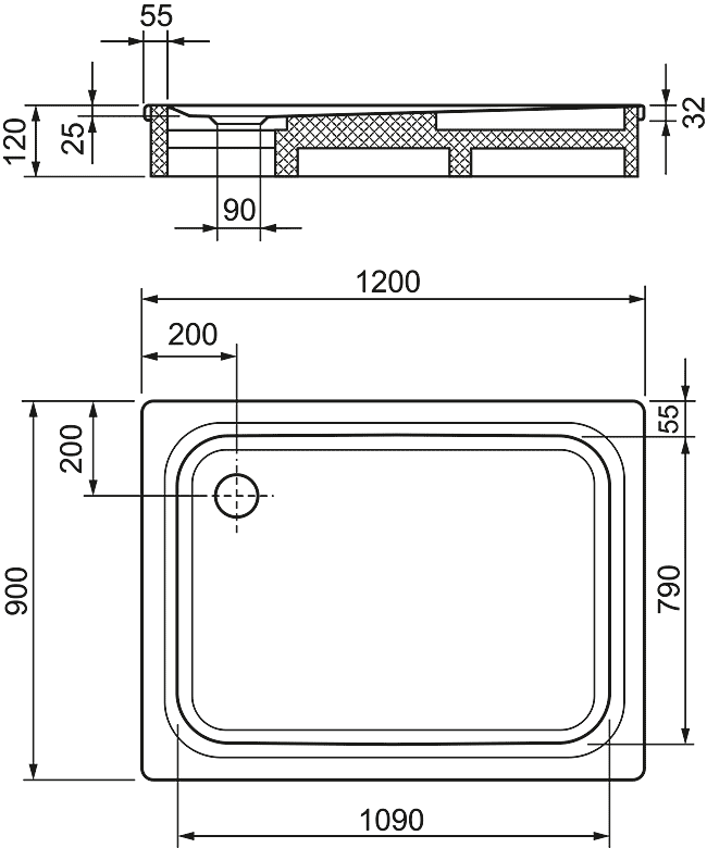 Kaldewei Superplan Mod. 406-2  Душевой поддон 900x1200x32 стальной с полистироловой опорой