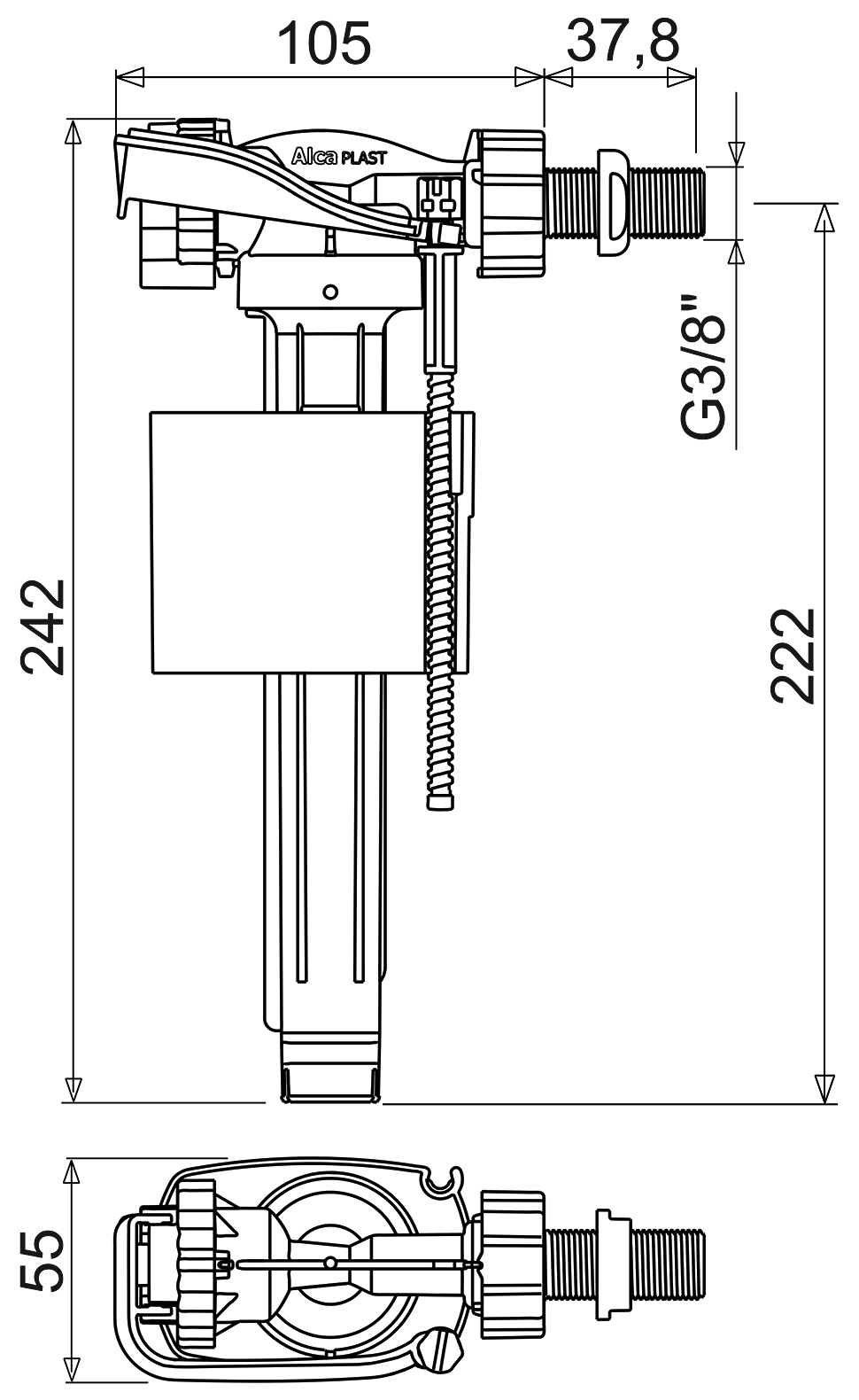 Alcaplast A160 3/8" Впускной механизм для керамического бачка боковой подвод (латунь)