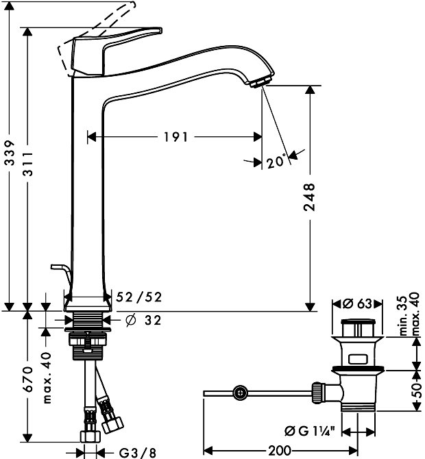 Hansgrohe Metris Classic 31078 000 Highriser Смеситель для свободностоящей раковины