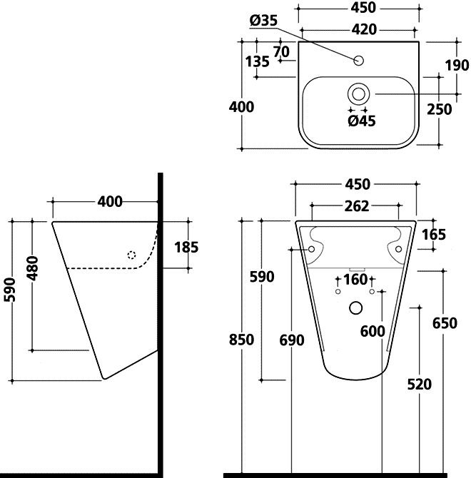 Galassia MEG11 5407M Раковина 450x400 с полупьедесталом (монолит)