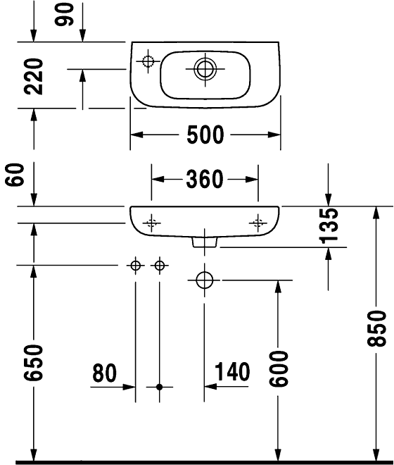 Duravit D-CODE 070650 92  Раковина 500х220 (смеситель слева)