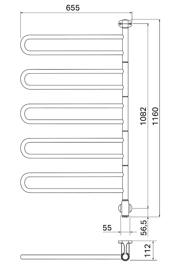 PAX Flex U 5/650 25-1027 Электрический полотенцесушитель 106 Вт (655x1160)