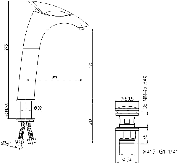 Paini F1 F1CR211LL2SSSRKM Смеситель для свободностоящей раковины с донным клапаном