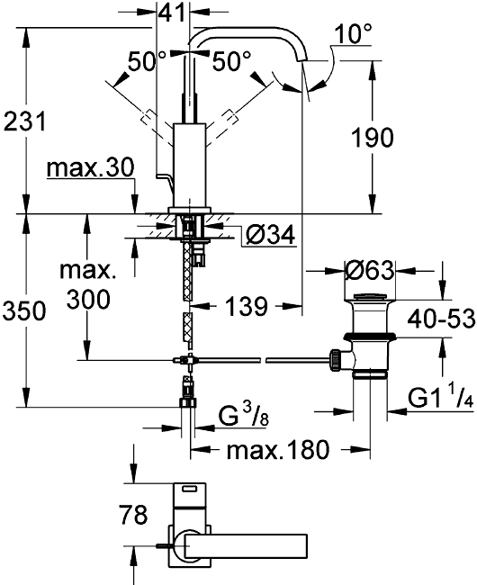 Grohe Allure 32146 000  Смеситель для раковины с донным клапаном (U-излив)