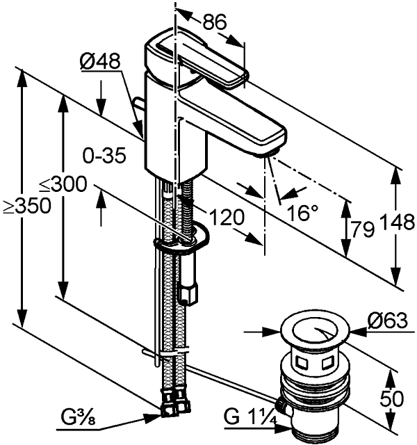 KLUDI Q-BEO 50023 0575 Смеситель для раковины с донным клапаном (высокий)