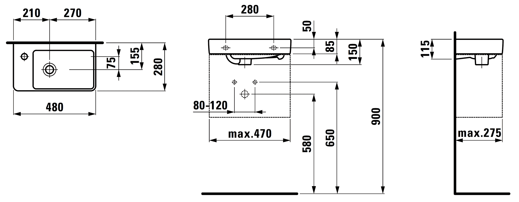 Laufen PRO S 8.1595.5.000.104.1  Раковина 480х280 (смеситель слева)