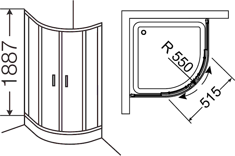 Provex ARCO 6004 AR 28GL  Душевой уголок 1/4 круга 900x1887xR550 (прозрачное стекло)