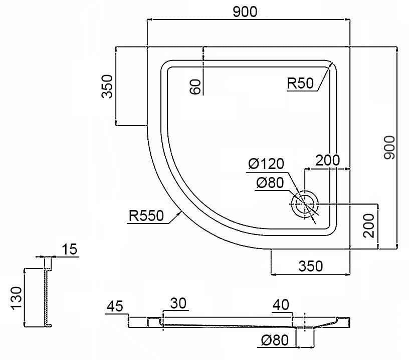WasserKraft Main 41T01 Душевой поддон 90x90 акриловый (1/4 круга, R550)