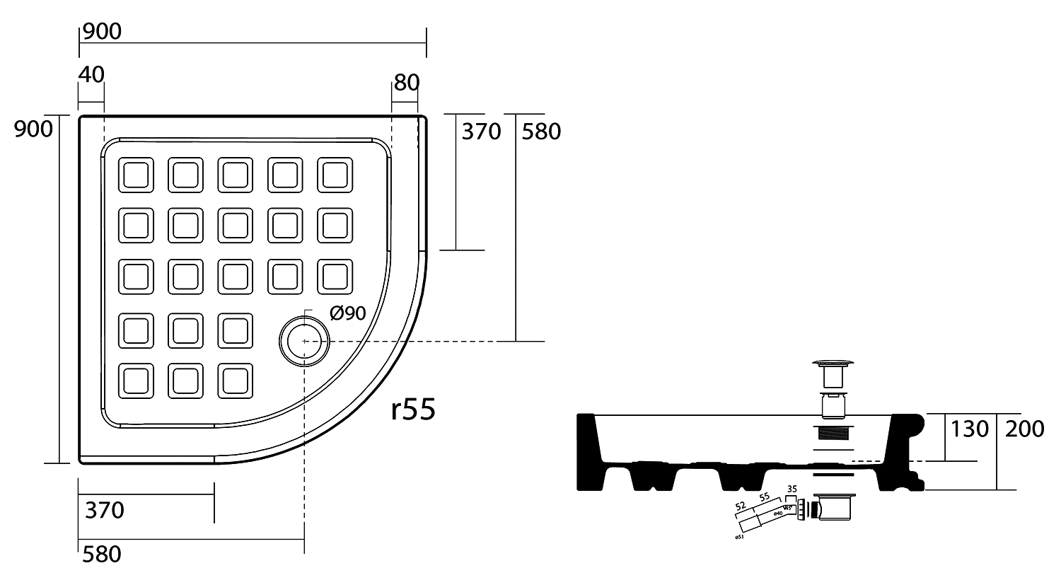 Kerasan Retro 133901  Керамический душевой поддон 90x90 1/4 круга R55