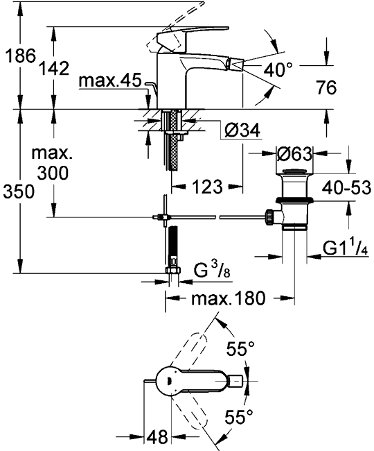 Grohe Eurostyle Cosmo 33565 002 Смеситель для биде с донным клапаном