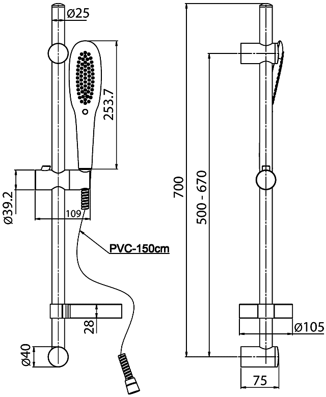 Paini Parma 50CR124/P16 Душевой гарнитур (штанга 0.7 м, душ 2 режима)