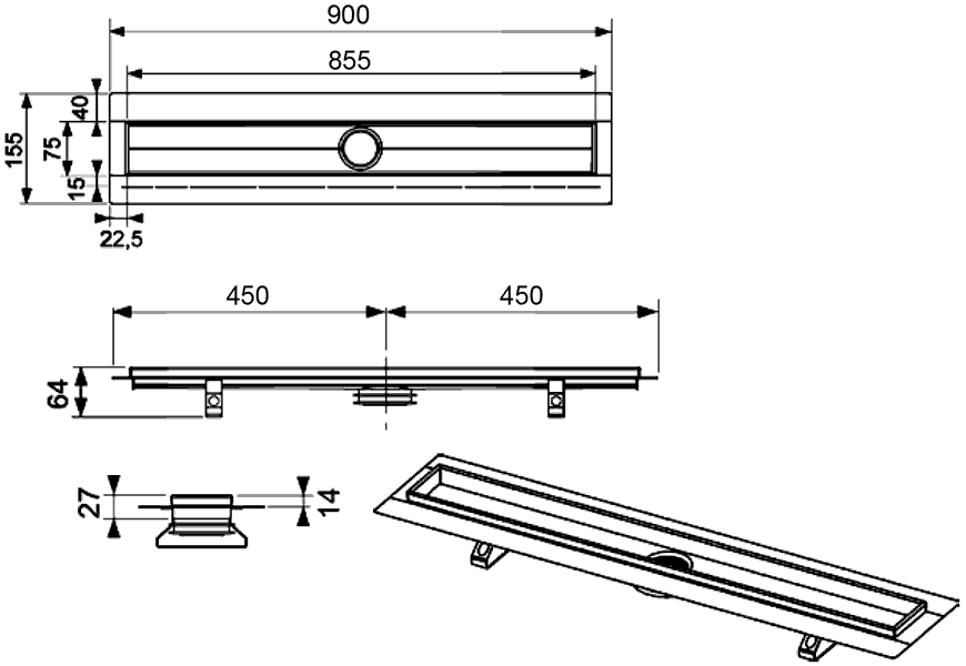 TECEdrainline 600900 Дренажный канал прямой 900 мм