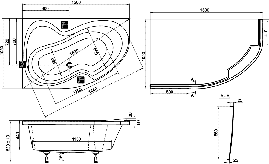 Ravak Rosa II CK21000000  Ванна акриловая 150х105 с панелью и ножками (левая)