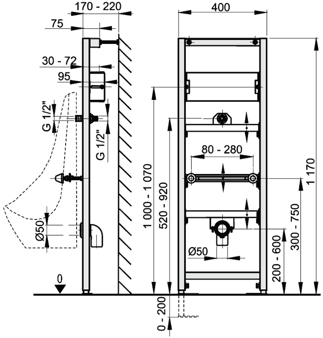 Alcaplast A107S/1200 Монтажная рама для писсуара и сенсорного устройства (высота 1170 мм)