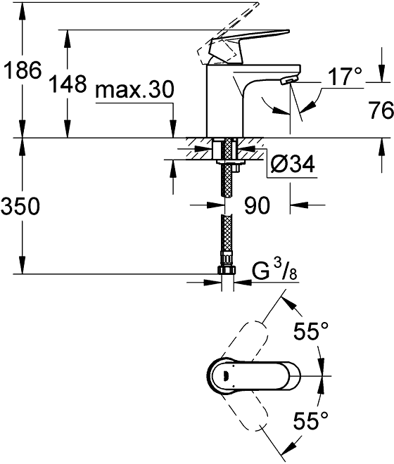 Grohe Eurosmart Cosmopolitan 32824 000 Смеситель для раковины без донного клапана