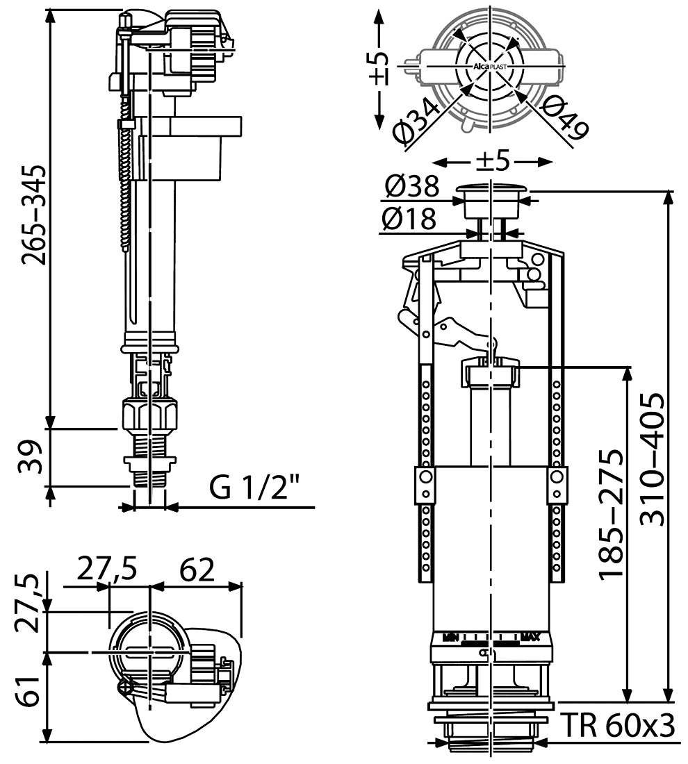 Alcaplast SA2000SK 1/2" Смывное и наборное устройство (латунный нижний подвод)