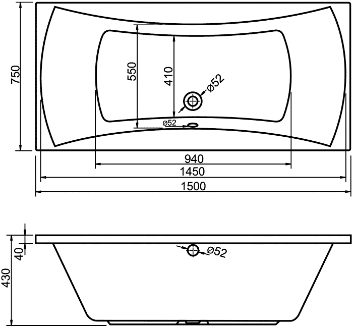 Alpen Luna AVP0006  Ванна акриловая 150x75x44 (200 л)