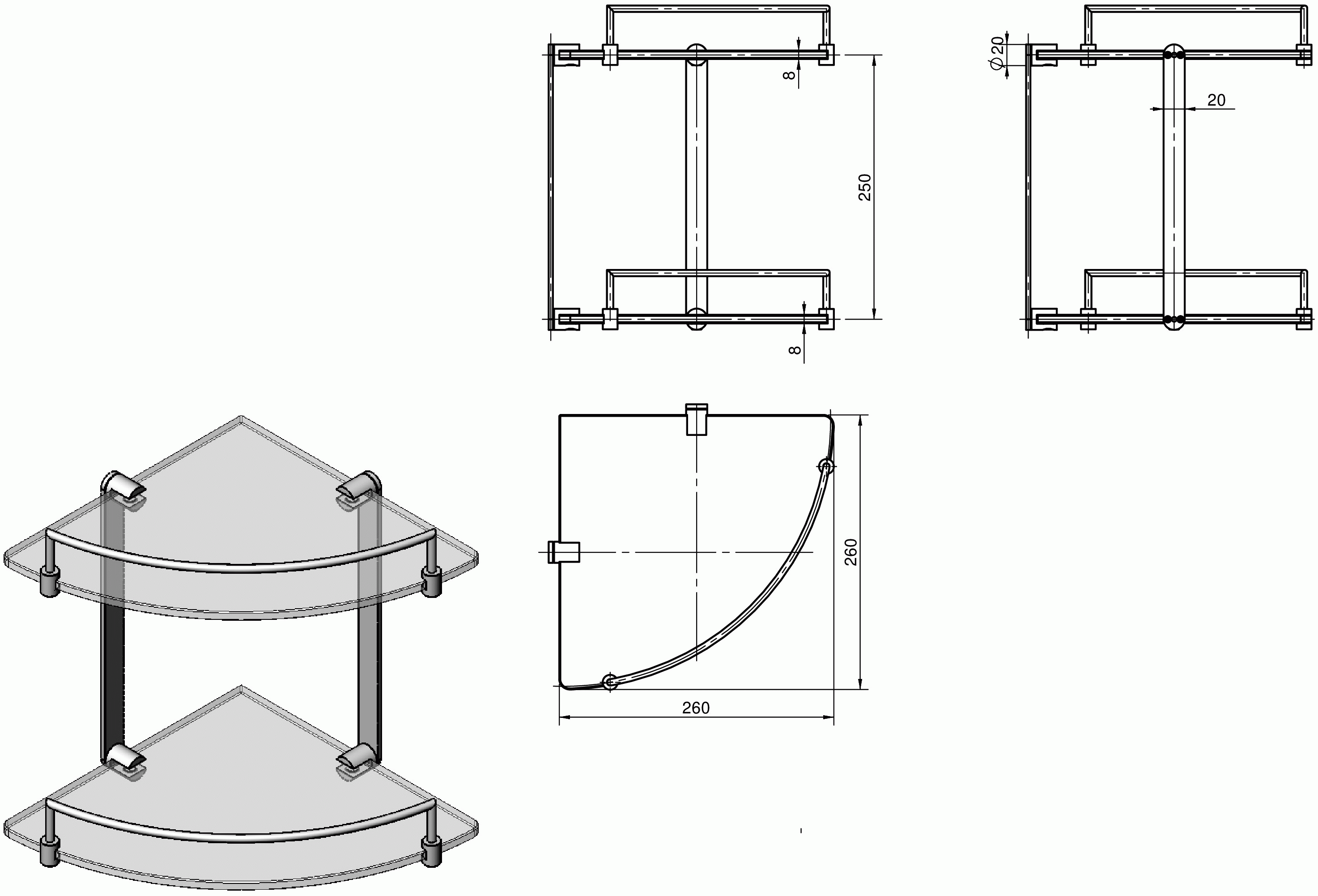 Langberger 70152 Полка угловая двухъярусная (стекло)