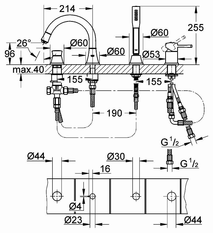 Grohe Grandera 19936 000 Смеситель для ванны (монтаж на бортик ваны на 4 отверстия)