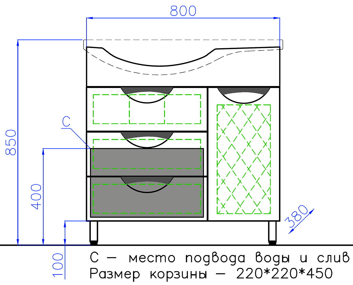 Style Line Жасмин 82 Тумба с раковиной Коралл, 3 ящика, корзина (правая)