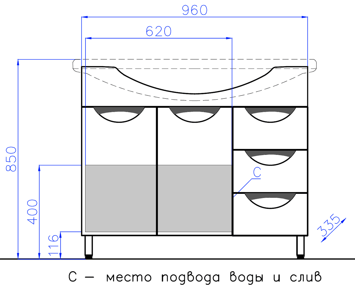 Style Line Жасмин 100 Тумба с раковиной Эльбрус, 3 ящика