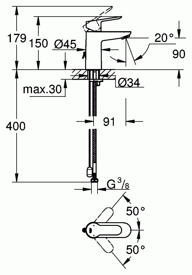 Grohe BauEdge 23329 000 Смеситель для раковины с цепочкой