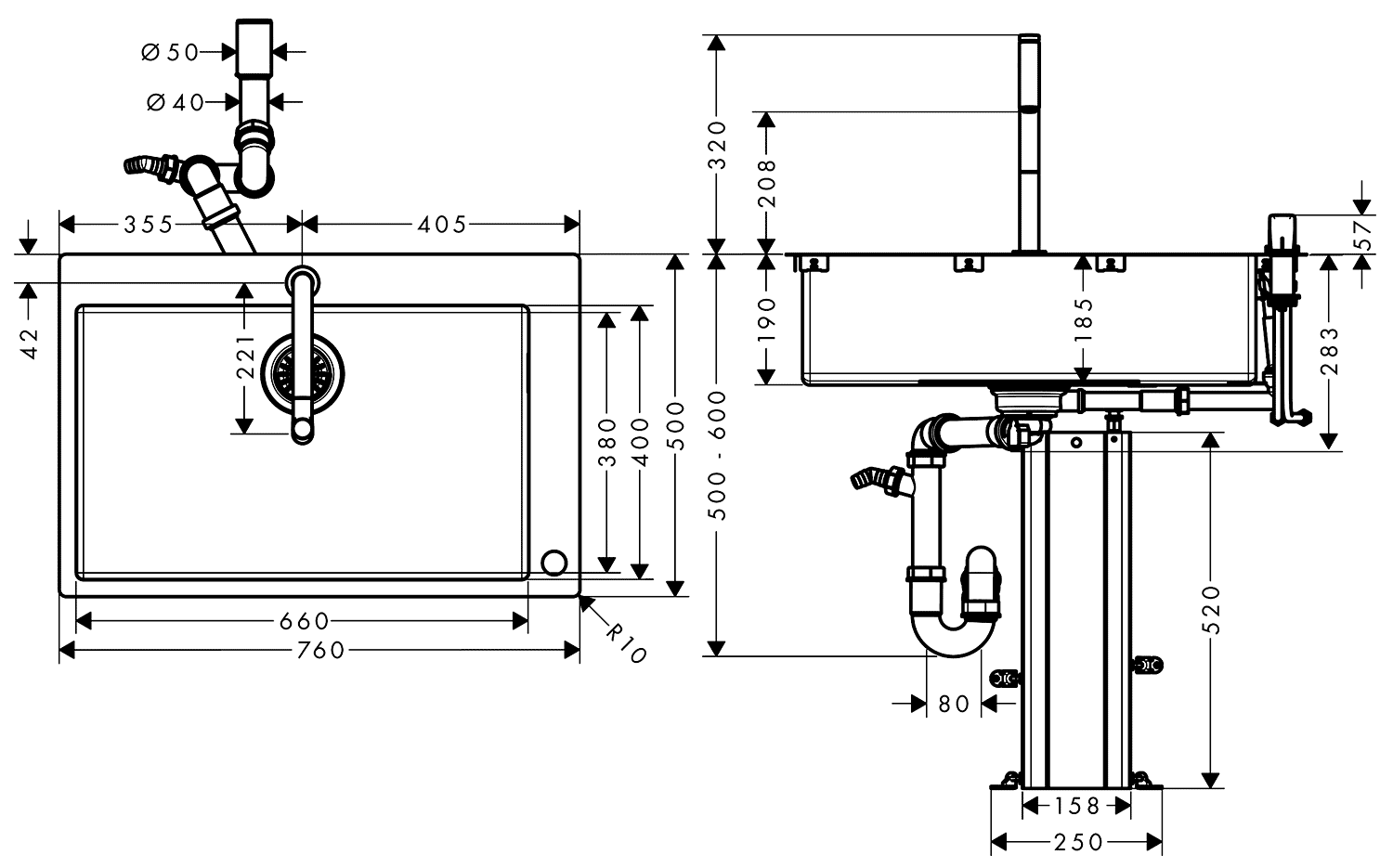 Hansgrohe C71-F660-08 43202000  Кухонная мойка 760x500 со смесителем