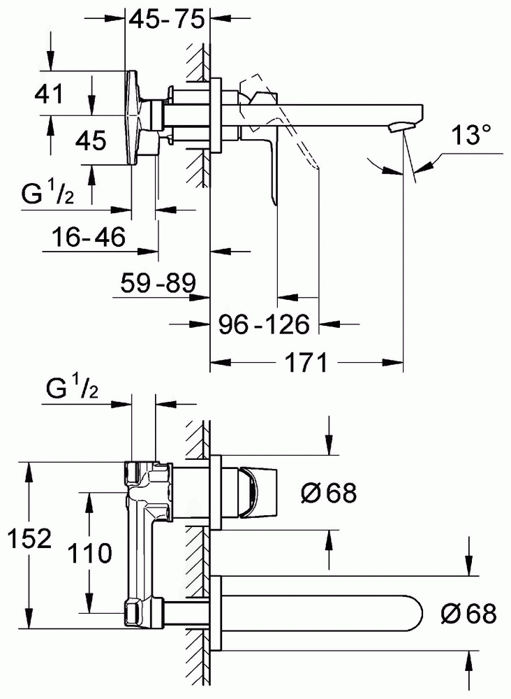 Grohe BauEdge 20474 000 Смеситель для раковины настенный
