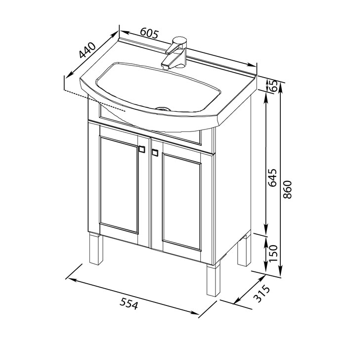 Aquanet Честер 60  Тумба с раковиной (белый/золото)