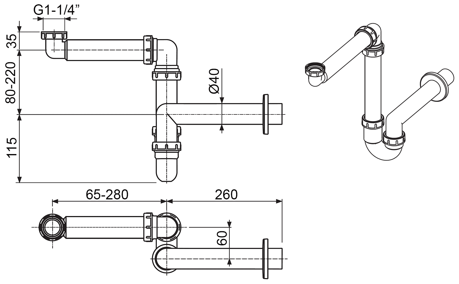 Alcaplast A434 Сифон 1-1/4"x40 для раковины экономящий пространство