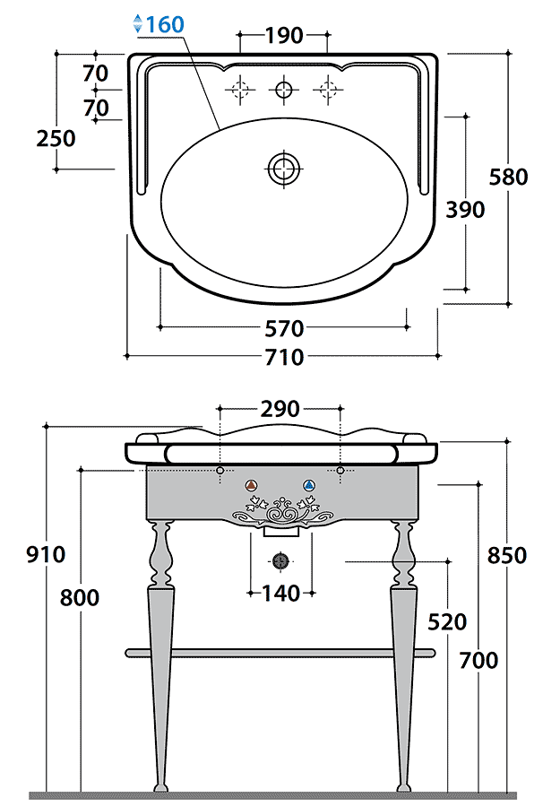 Globo Paestum PATC06/PA006  Латунная консоль с раковиной 710x580 (хром)