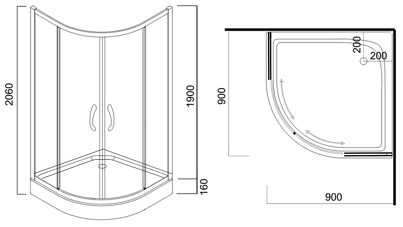 AM·PM Bliss L W53E-303-090MT  Душевой уголок 900x900x1900 1/4 круга (с поддоном)