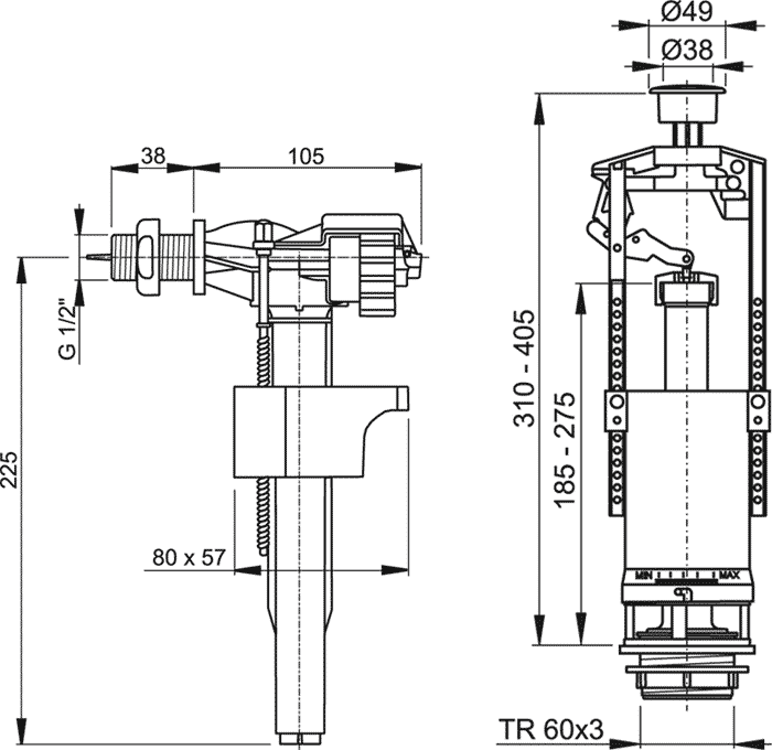 Alcaplast SA2000 1/2" Смывное и наборное устройство 1/2" (боковой подвод)