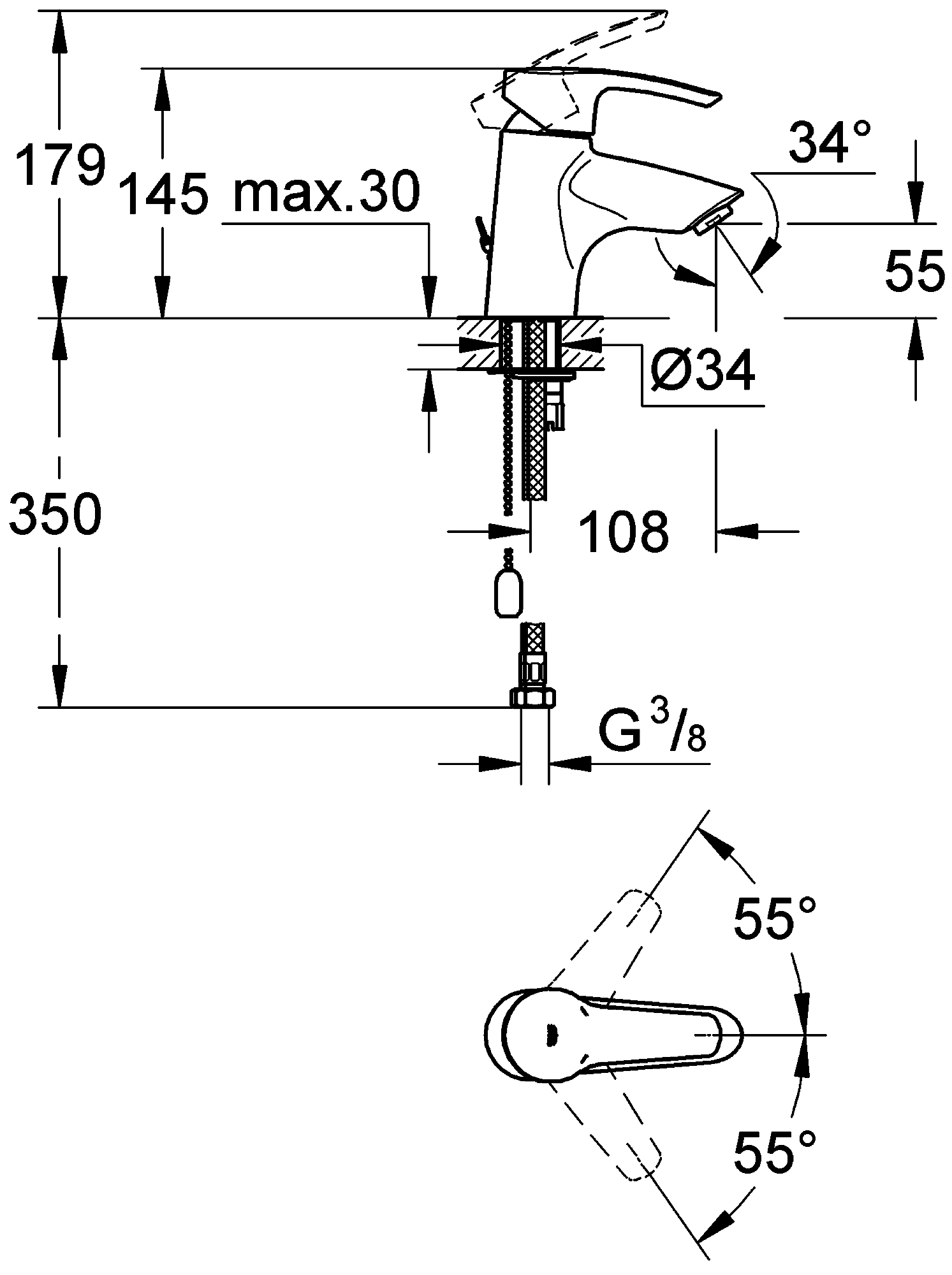 Grohe Eurostyle 33557 001 Смеситель для раковины с цепочкой S-Size