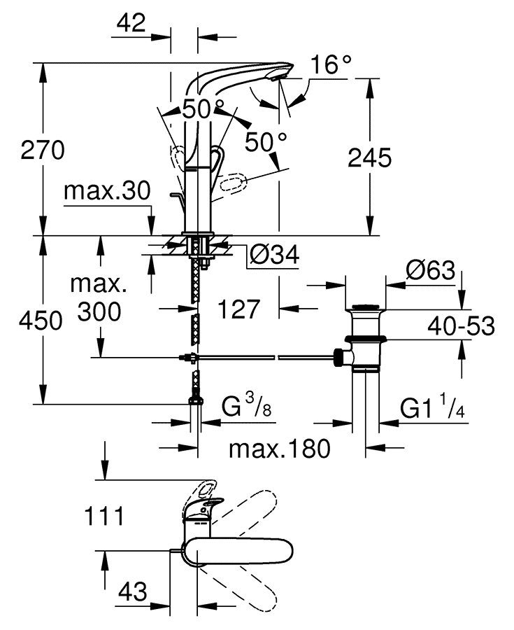 Grohe Eurostyle 23569 003 Смеситель для раковины с донным клапаном L-Size