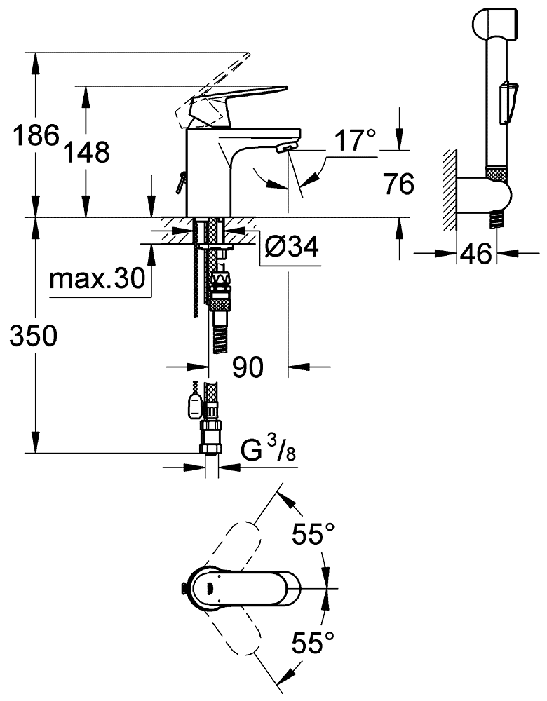 Grohe Eurosmart Cosmopolitan 23125 000 Смеситель для раковины с гигиеническим душем