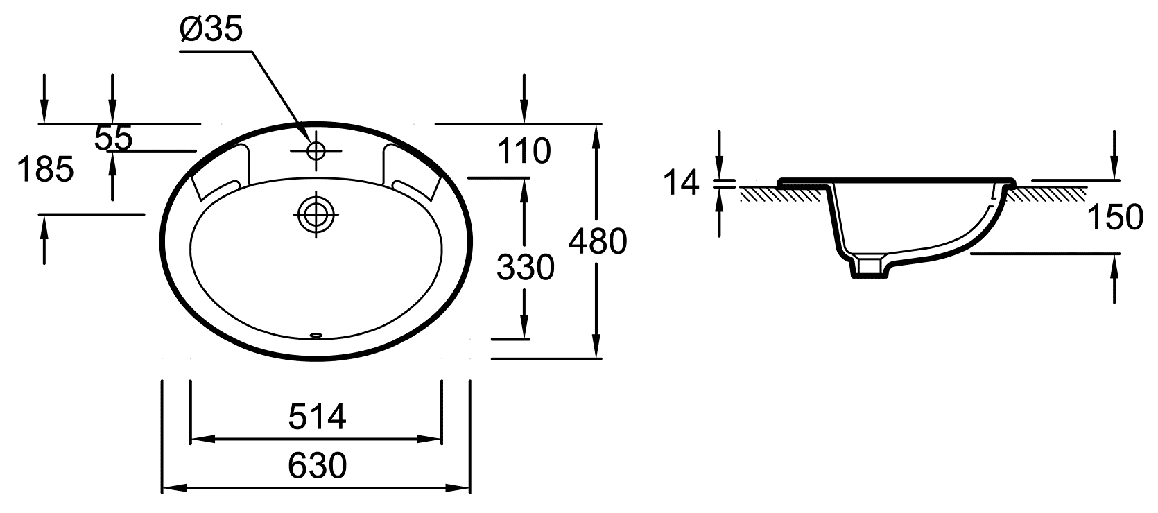 Jacob Delafon Ovale Dessus E1273-00  Раковина врезная 630х480