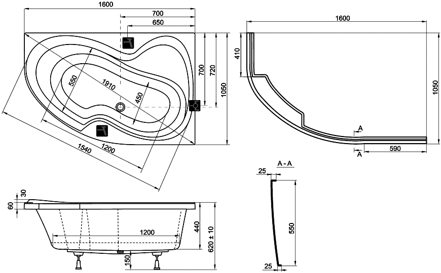 Ravak Rosa II CL21000000  Ванна акриловая 160х105 с панелью и ножками (правая)