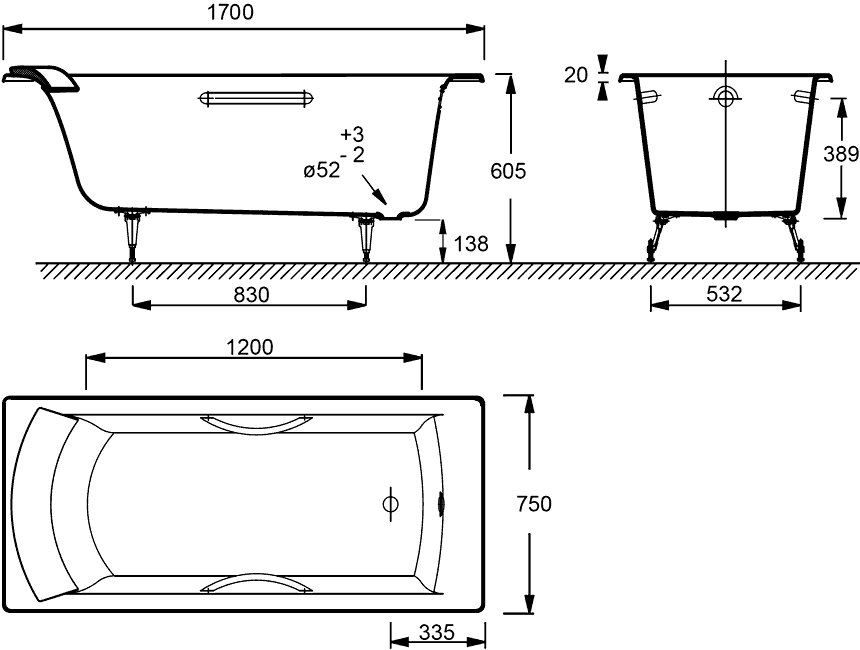 Jacob Delafon Biove E2938 Ванна чугунная 170x75 с ручками